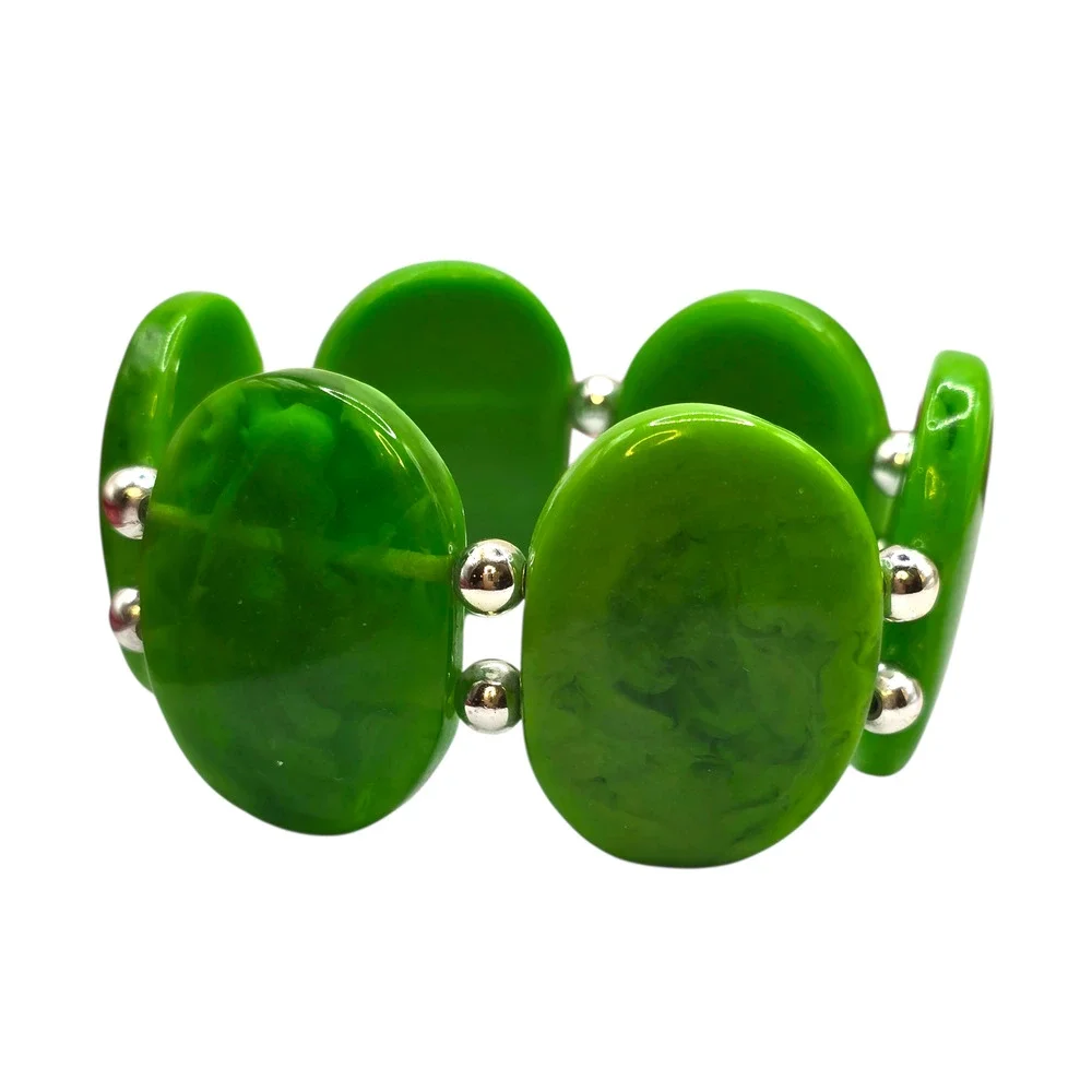 Chunky Stretch Green Beaded Bold Oval Plastic Silver Tone 7